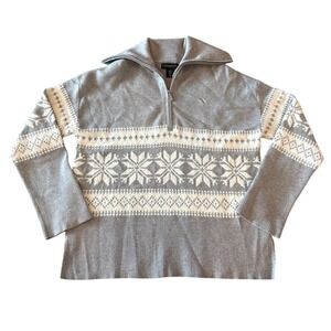 Cynthia Rowley Fair Isle Sweater 1/4 Zip Snowflake Gray White Cozy Textured Sz M